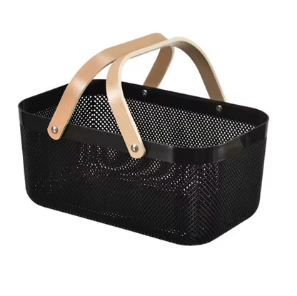 Large mesh plastic baskets with wooden handle.