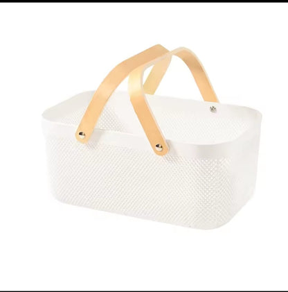Large mesh plastic baskets with wooden handle.