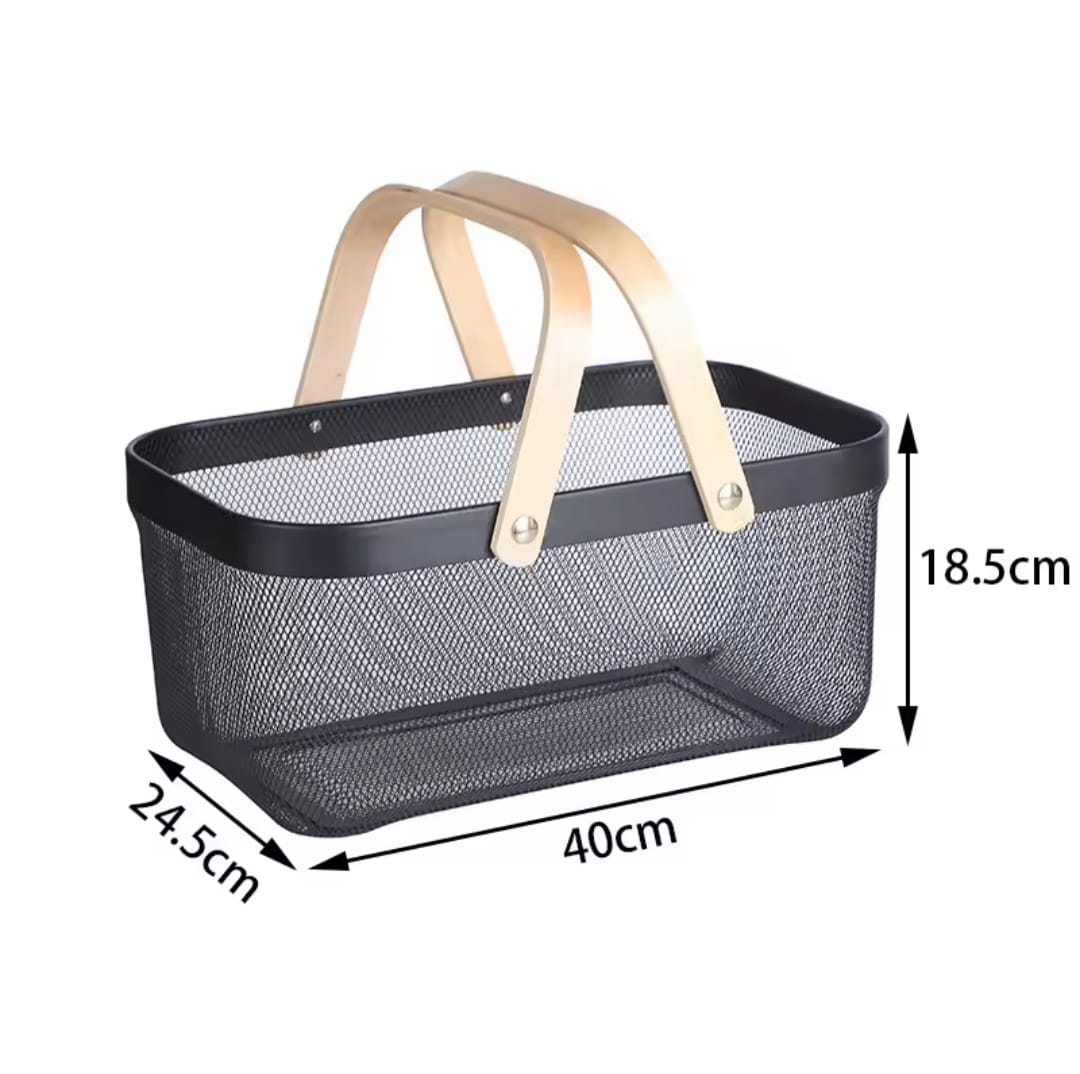 Large mesh plastic baskets with wooden handle.