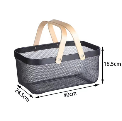 Large mesh plastic baskets with wooden handle.