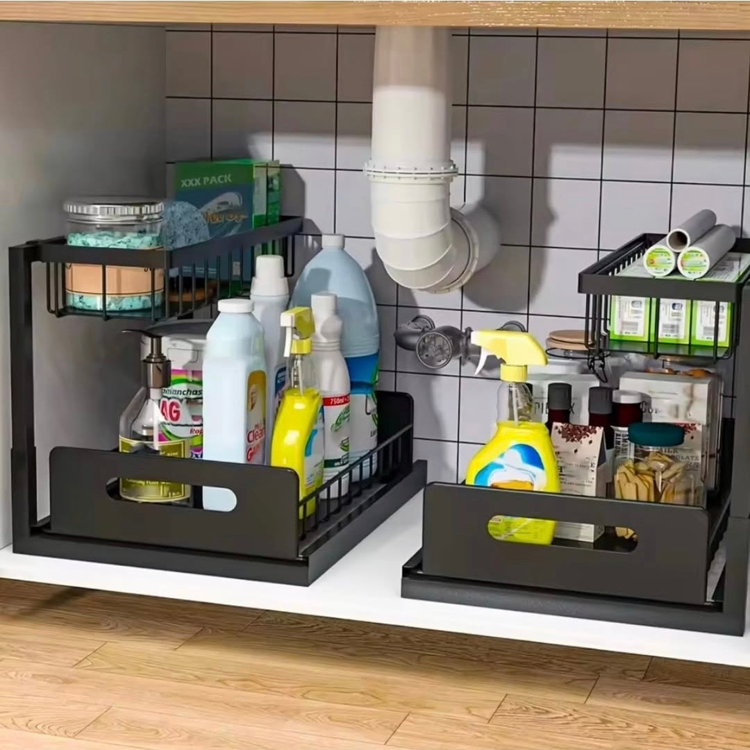 2 tier metallic sliding pull out cabinet organizer rack