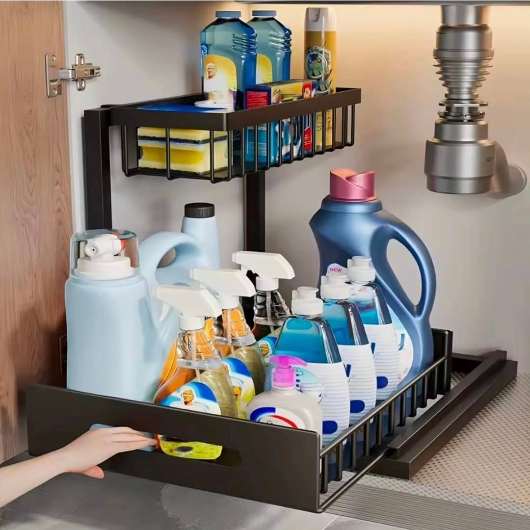 2 tier metallic sliding pull out cabinet organizer rack