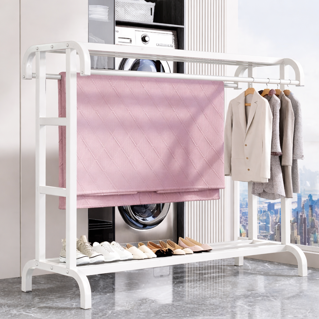 Clothes rack household indoor bedroom balcony drying hanger with top shelf and lower shelf for storage 