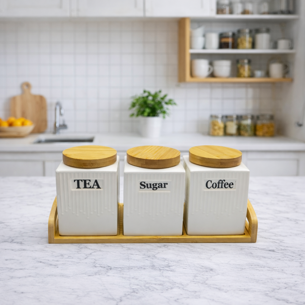 3pc Ceramic Canister Set with bamboo lids and Place on