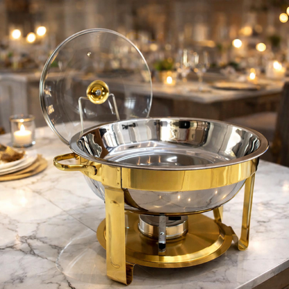 Elegant Round Stainless Steel Chafing Dish with Golden Accents ( 5 ltrs)