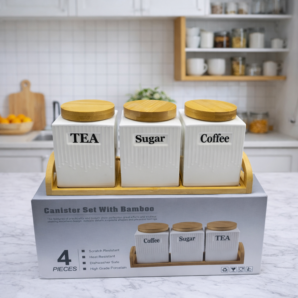 3pc Ceramic Canister Set with bamboo lids and Place on